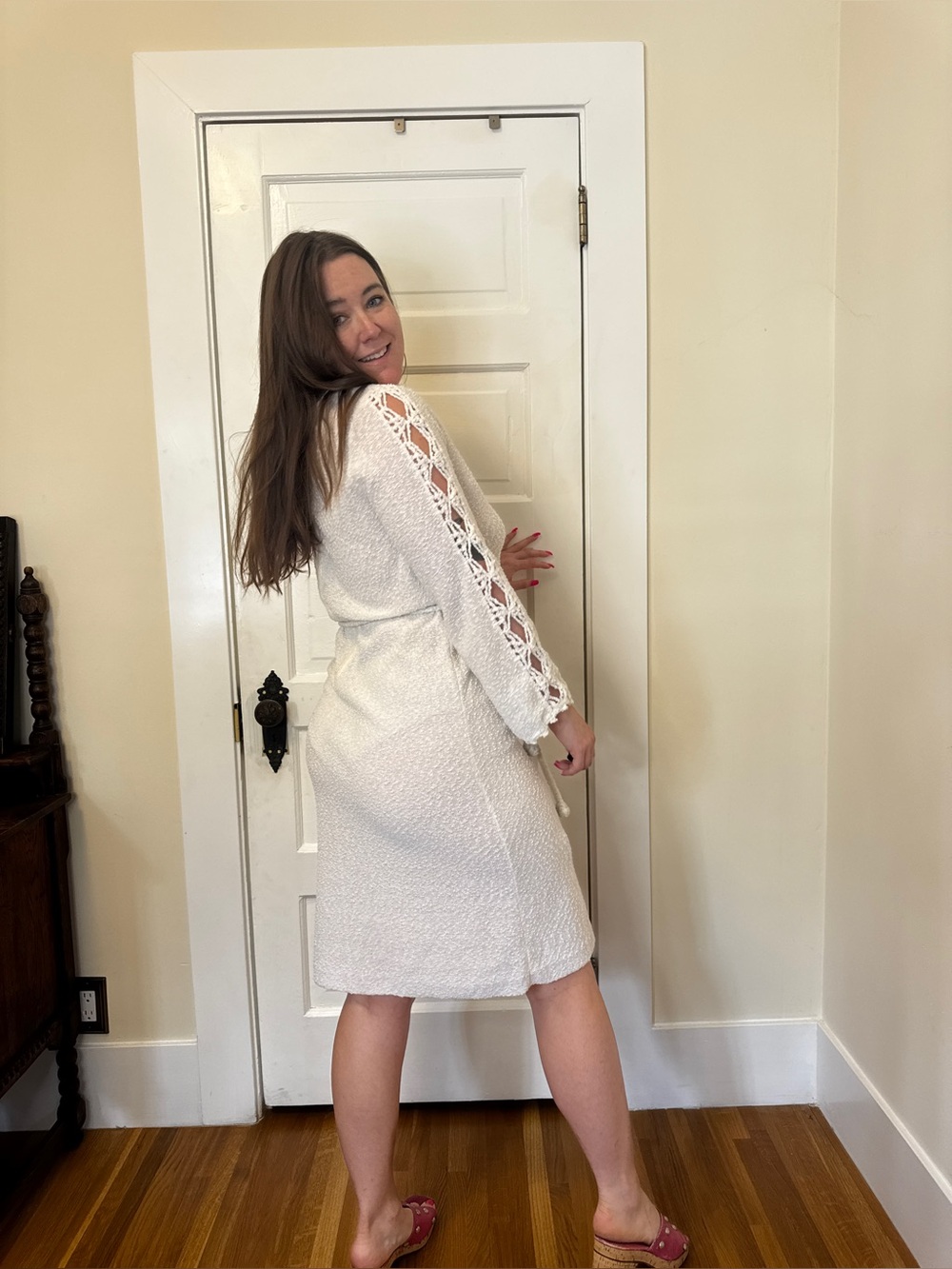 60s Vintage Katrina Knits White Bouclé Crochet Knit Dress Sz Lrg - Picture 3 of 10